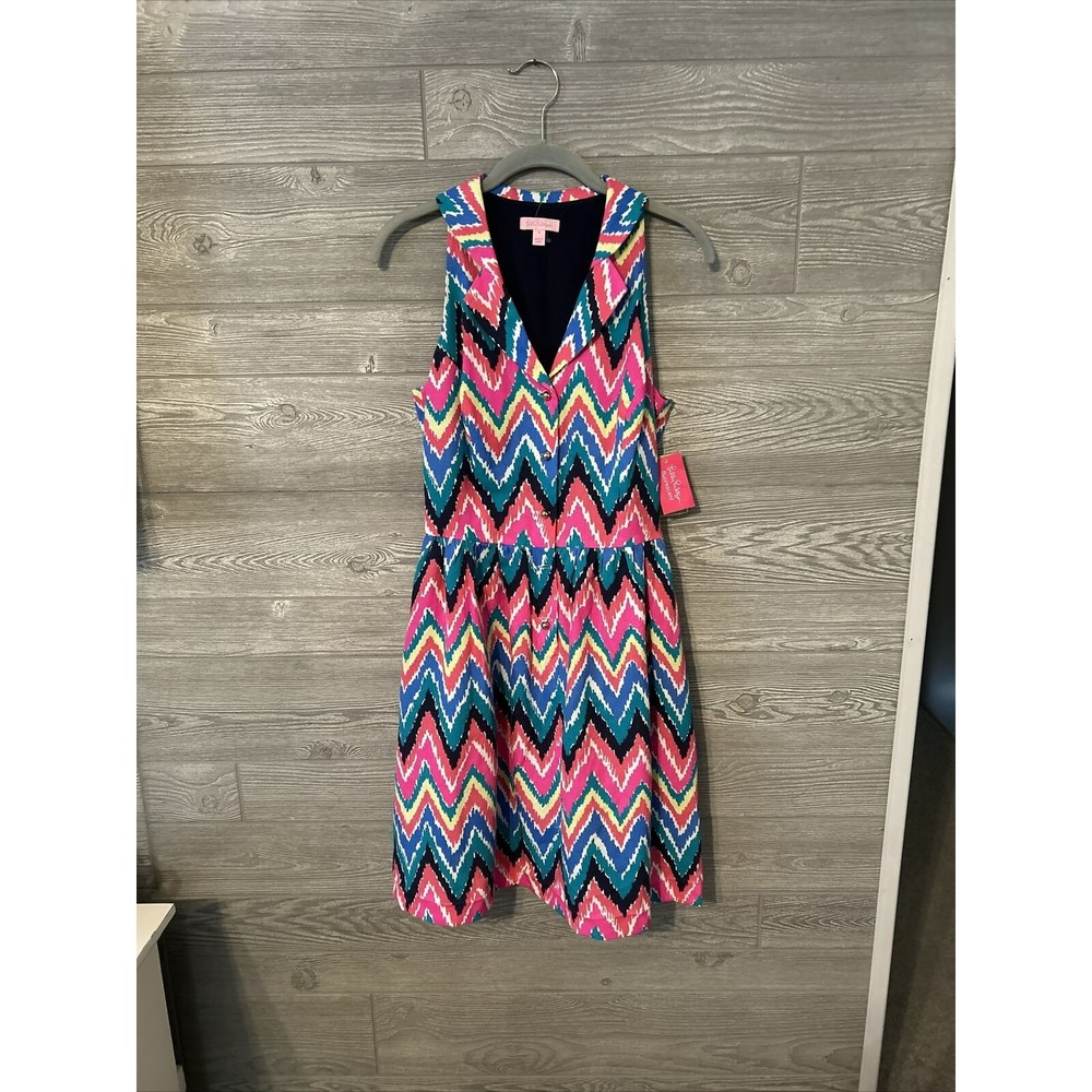 Lilly Pulitzer Collar Rainbow Multicolor Chevron Diagonal Dress‎ Sz 4 Small NWT